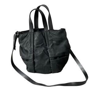 Jil Sander Waxed Nylon Tote Shoulder Bag Purse Black Leather Handles Strap